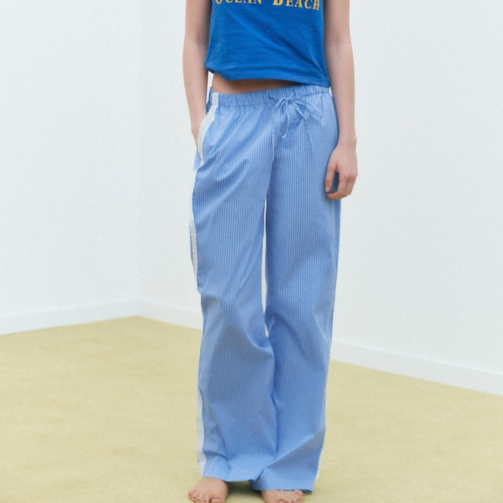ZARA COTTON EMBROIDERED STRIPE WIDE LEG DRAWSTRING PANTS Blue M